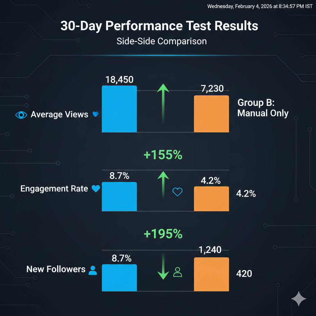 30-day performance test results showing creators using TrendStuffs Video Booster vs manual ideation comparison