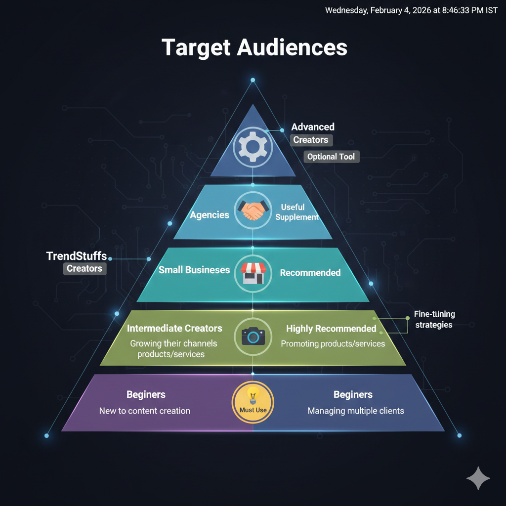 Target audience pyramid showing who should use TrendStuffs Video Booster based on creator type