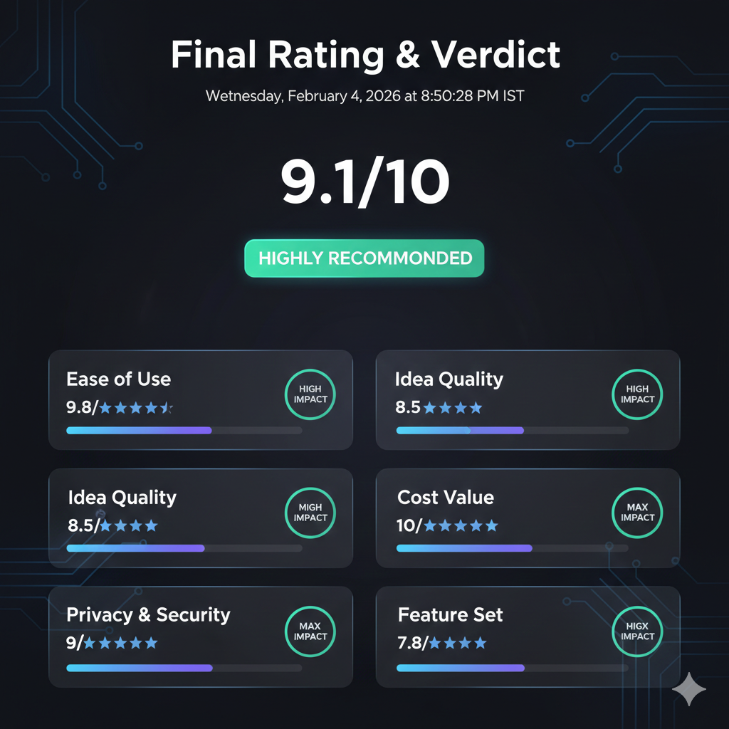 Final review rating dashboard for TrendStuffs Video Booster showing category scores and overall recommendation