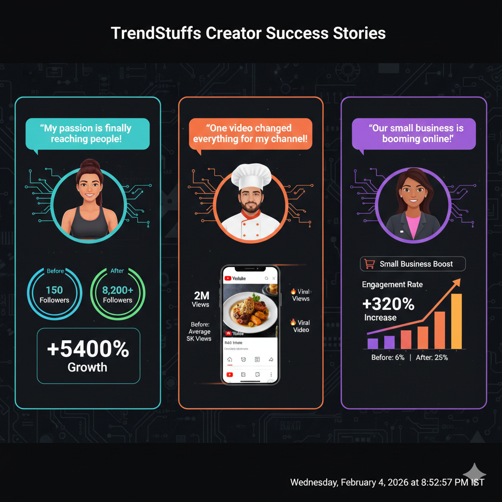 Real user success stories showing creators' growth after using TrendStuffs Video Booster