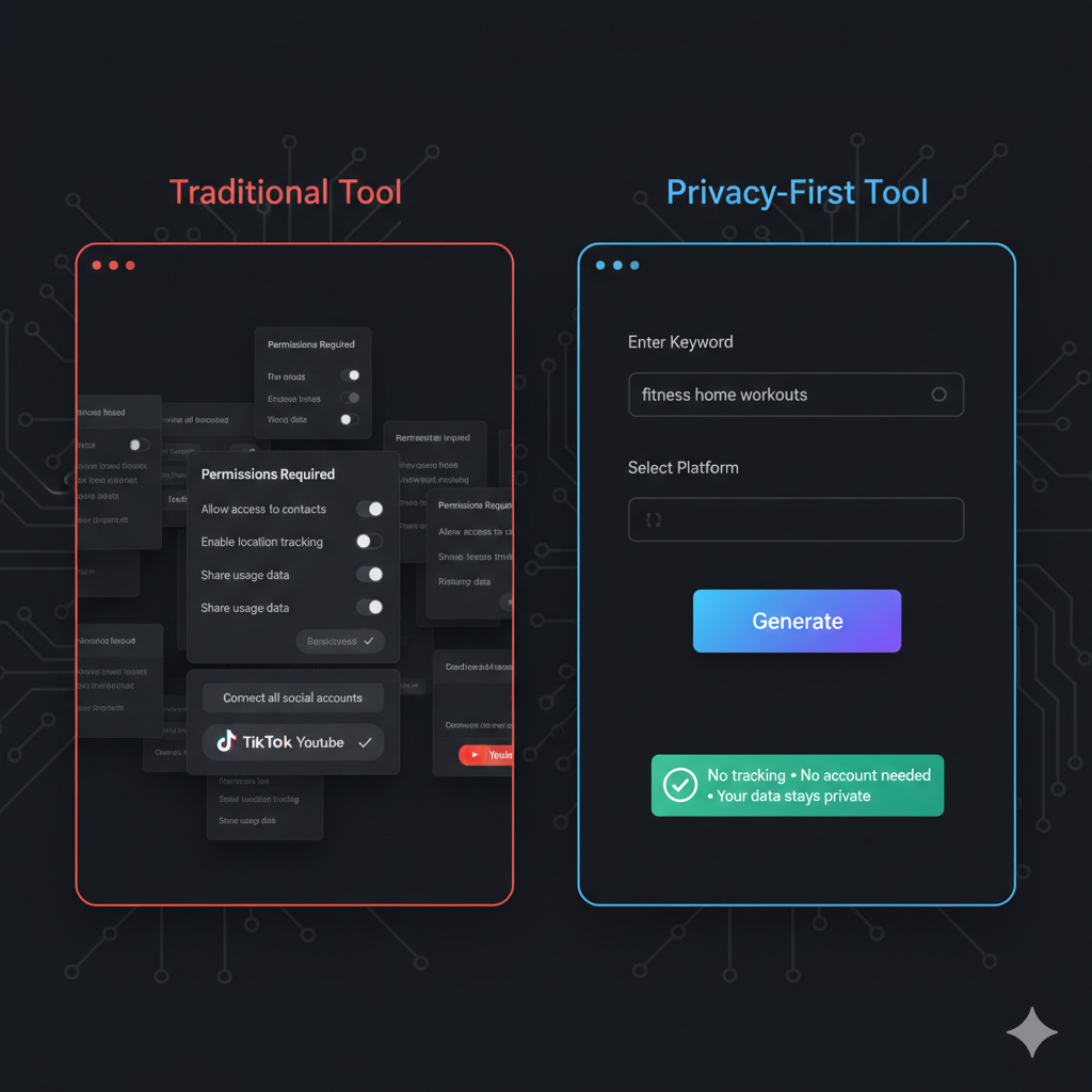 Side-by-side comparison of traditional data-hungry tool interface versus clean privacy-first tool interface