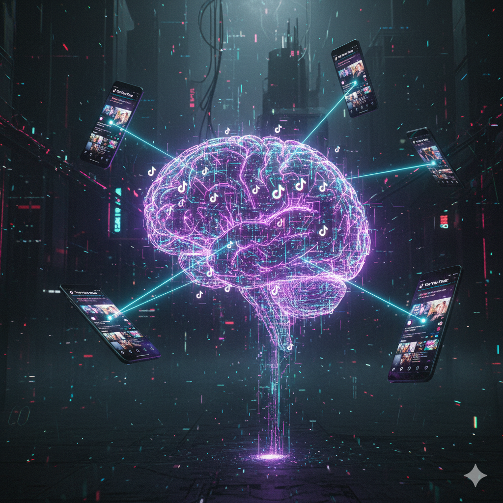 Futuristic visualization of the TikTok algorithm powering the For You Page.