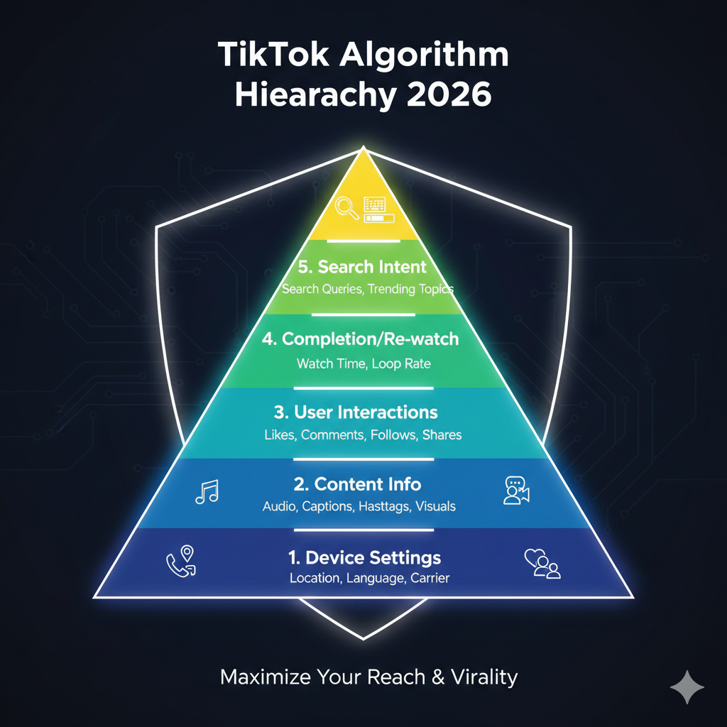 Pyramid diagram showing the hierarchy of TikTok's 2026 algorithm ranking factors.