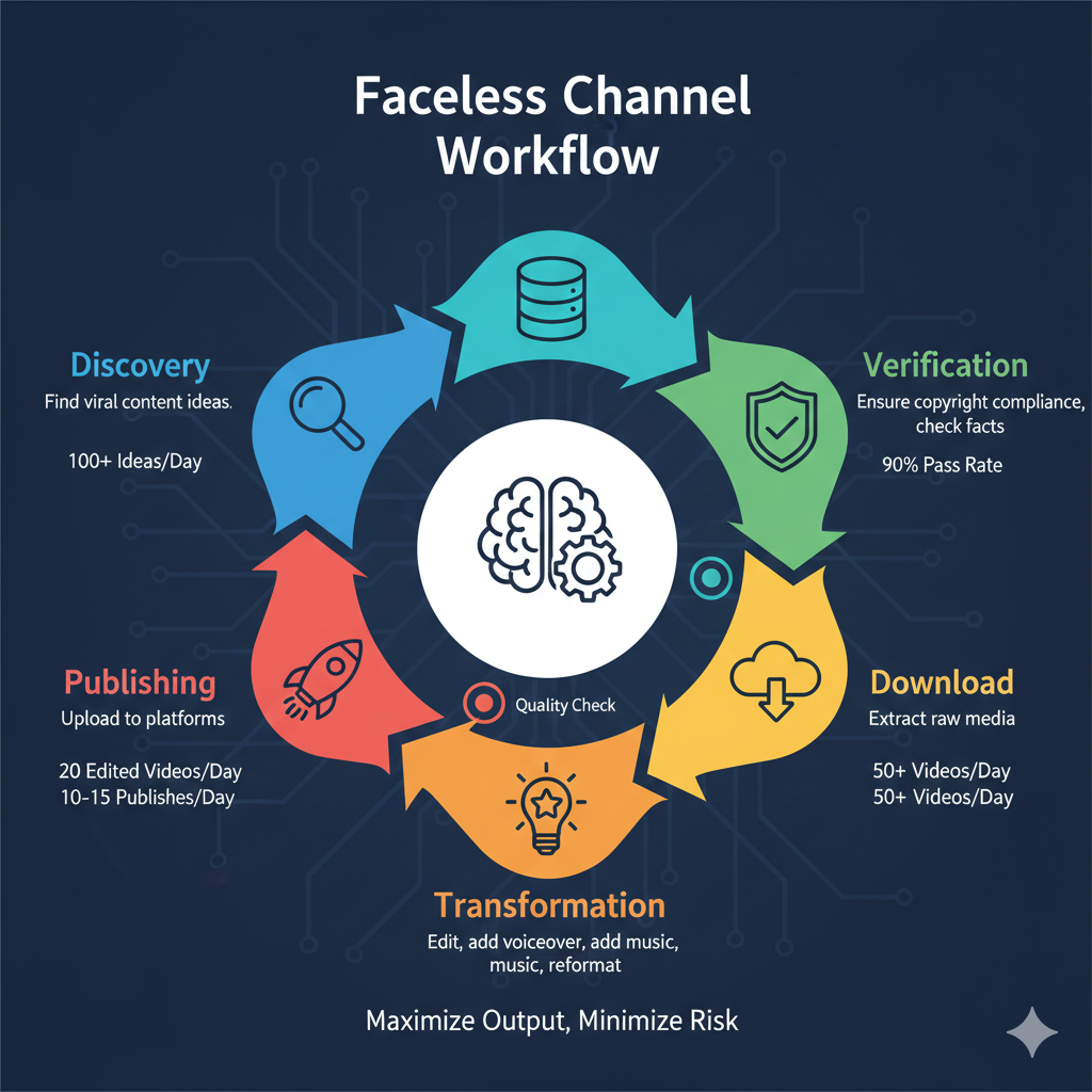 Complete faceless YouTube channel sourcing workflow from discovery to publishing