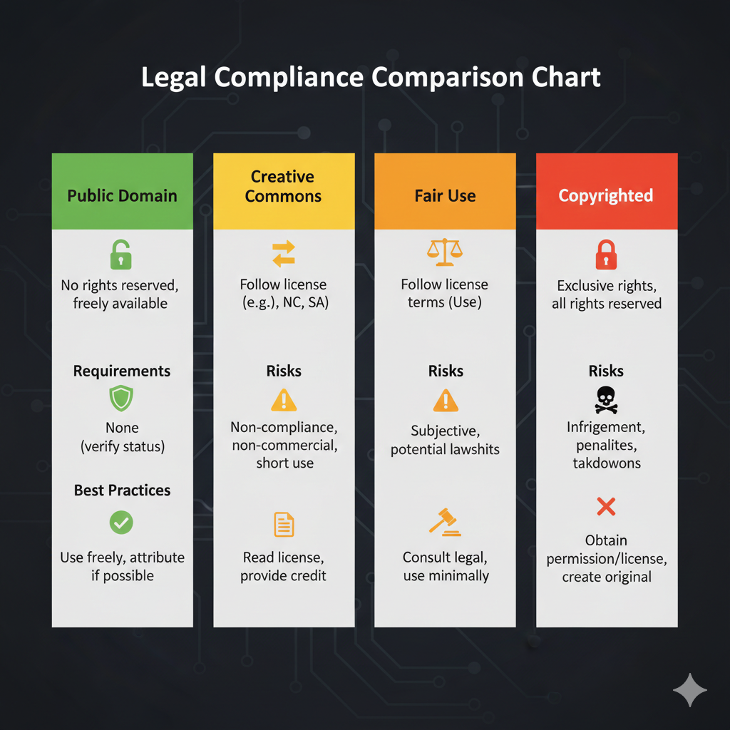 Legal compliance comparison chart for different types of sourced video content