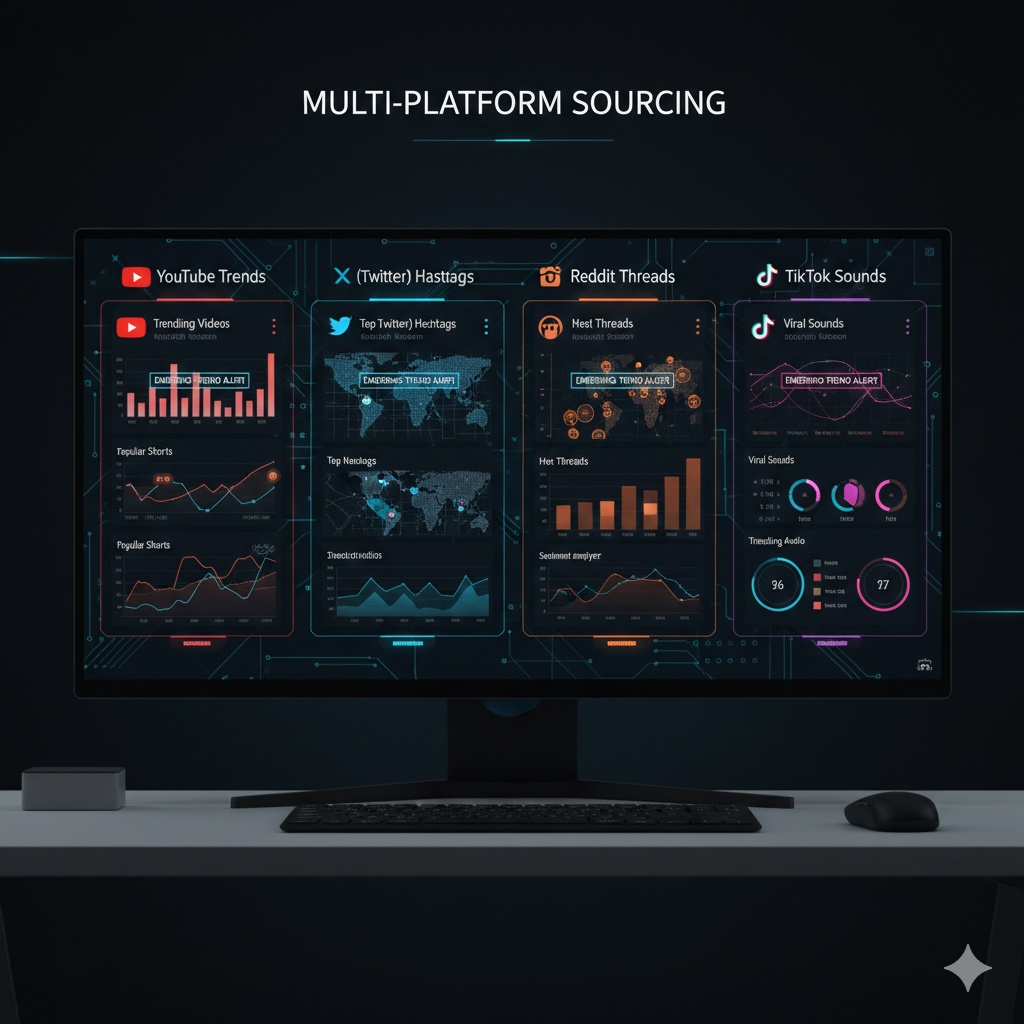 Multi-platform content sourcing dashboard showing real-time viral trend monitoring